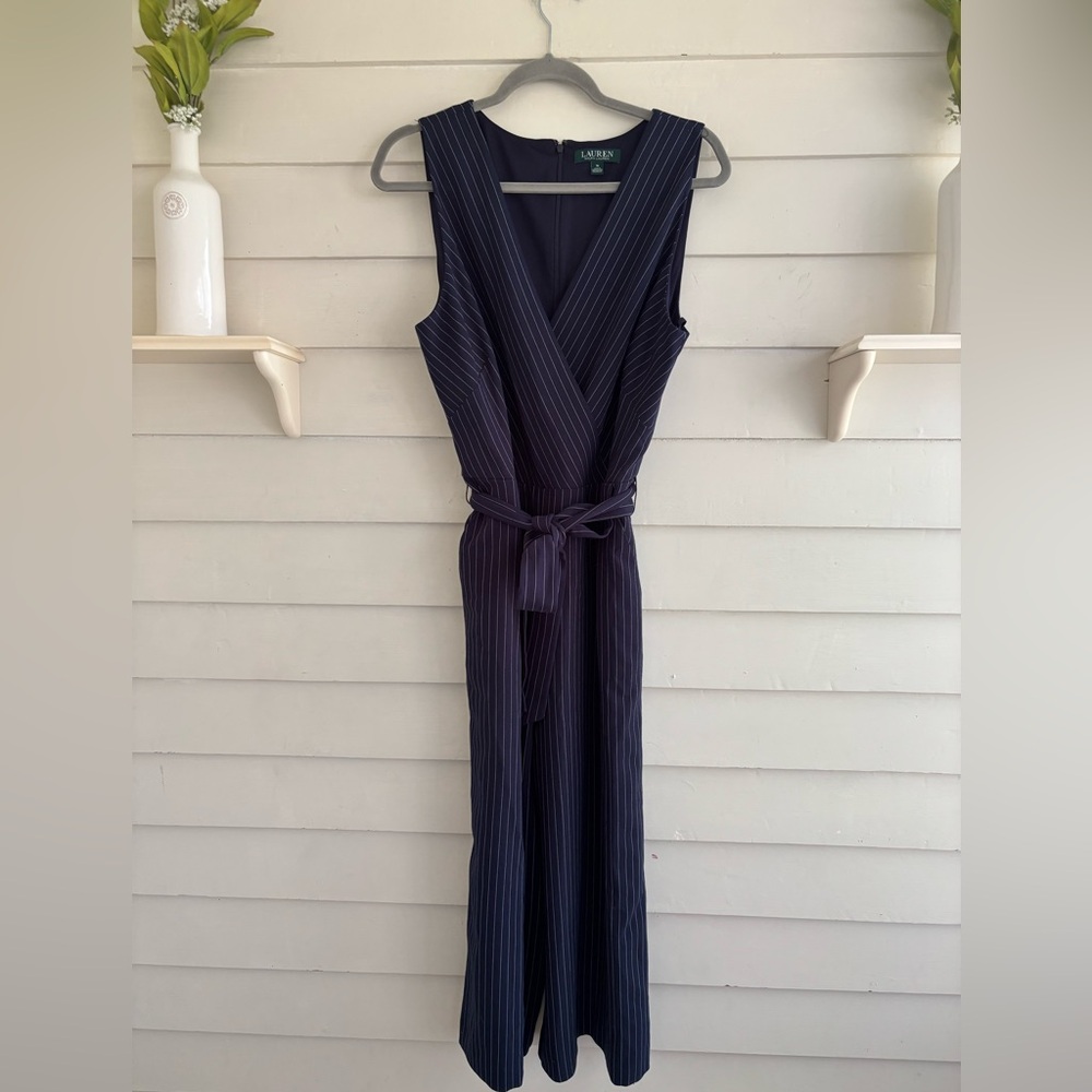 Lauren Ralph Lauren Navy Pinstripe Sleeveless Wide Leg Jumpsuit Size 16 NWT